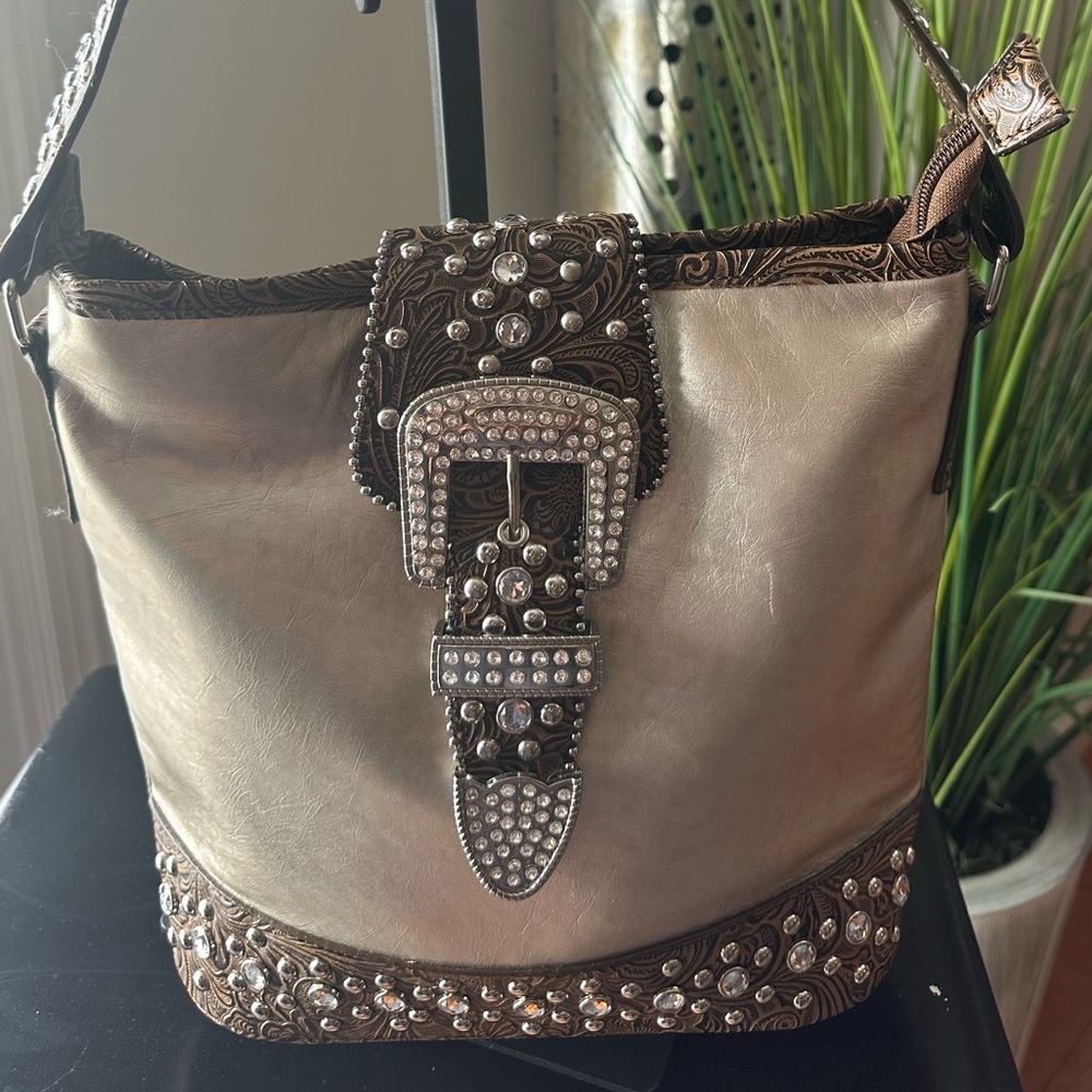 Western Style tooled Floral Faux Leather with Rhinestone buckle shoulder bag
